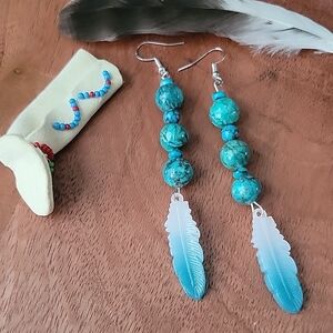 Southwestern African Turquoise With Acrylic Feather Earrings Boho